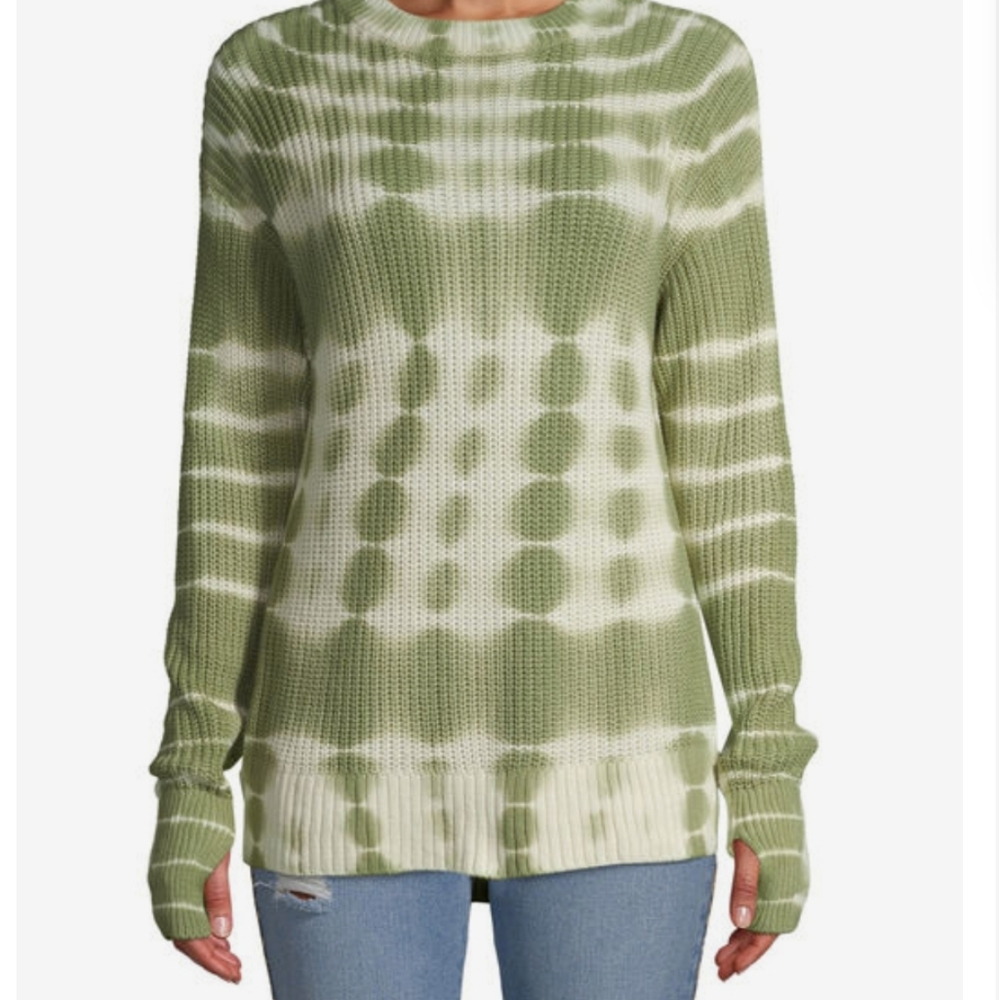 Time and Tru Women's Tie Dye Hi Lo Sweater Womens's L Green Cream Long Slv